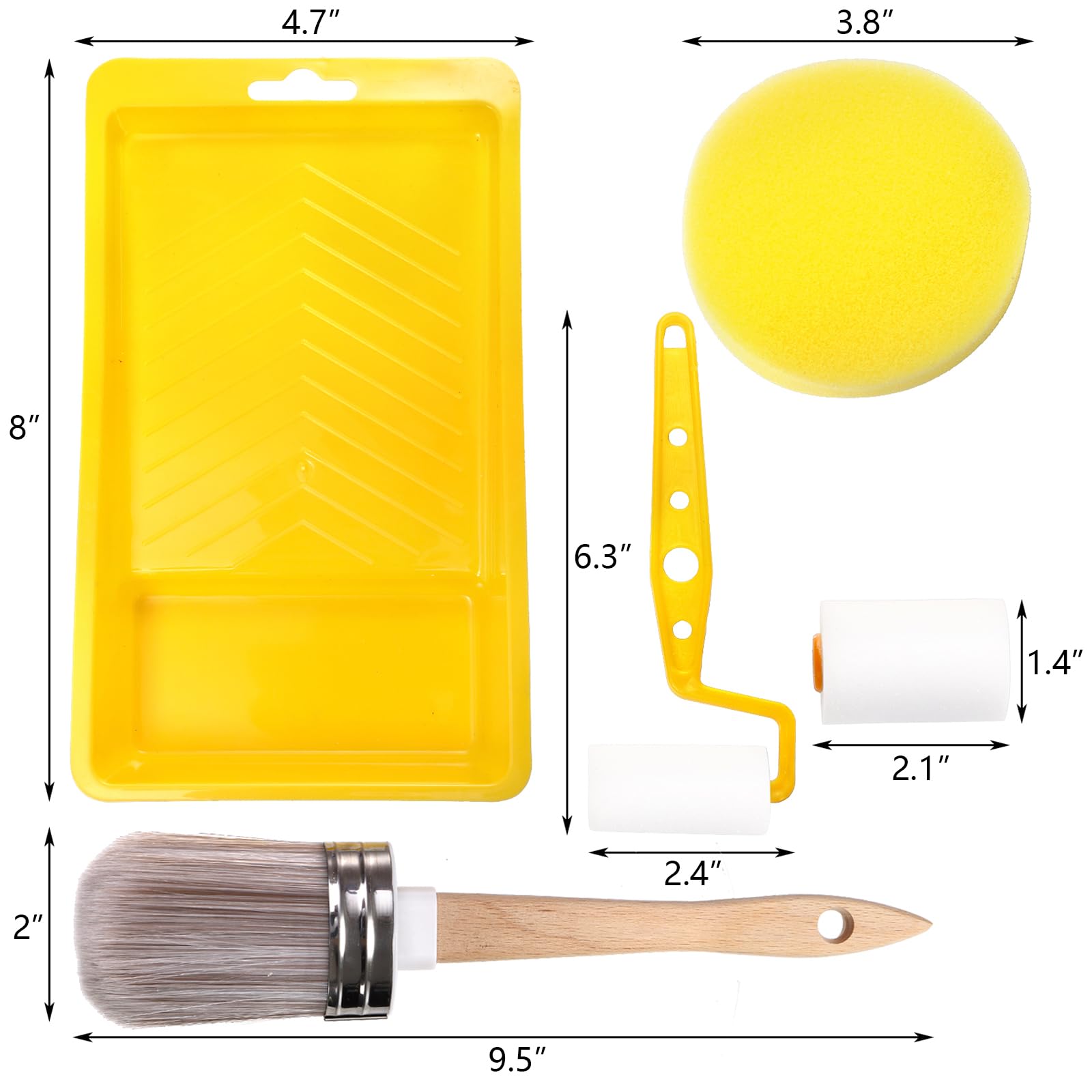 Hedume Juego de 7 herramientas de rodillo de pintura, 1 pincel, 2 rodillos, 3 esponjas, 1 forro de bandeja de pintura, kit de rodillo de pintura para profesionales o propietarios de viviendas para