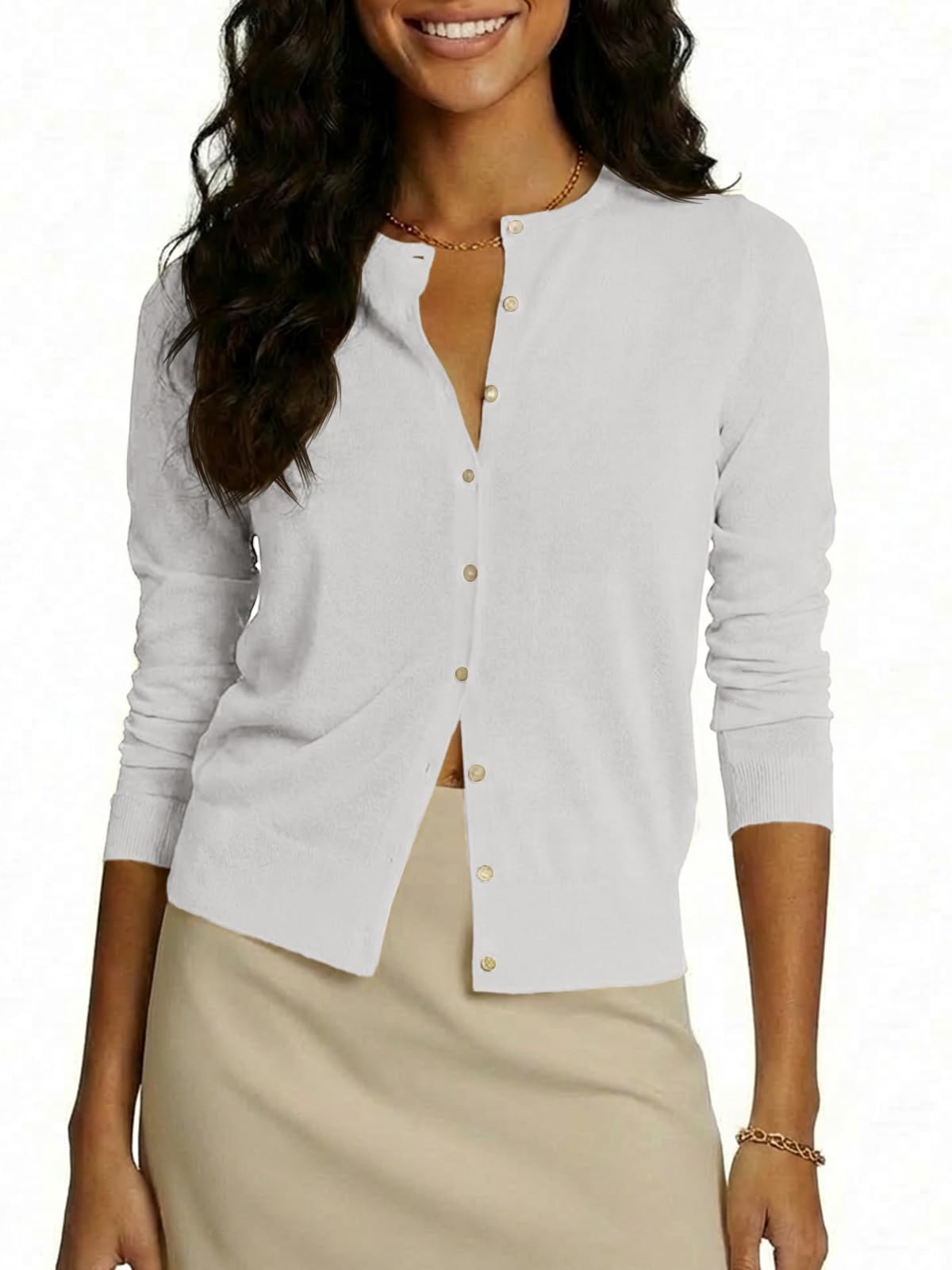 Saodimallsu Strickjacke Damen Langarm Leichte Cardigan Rundhals Sommer Dünne Strickcardigan Elegant Lässig Einfarbig Strickmantel mit Knöpfen