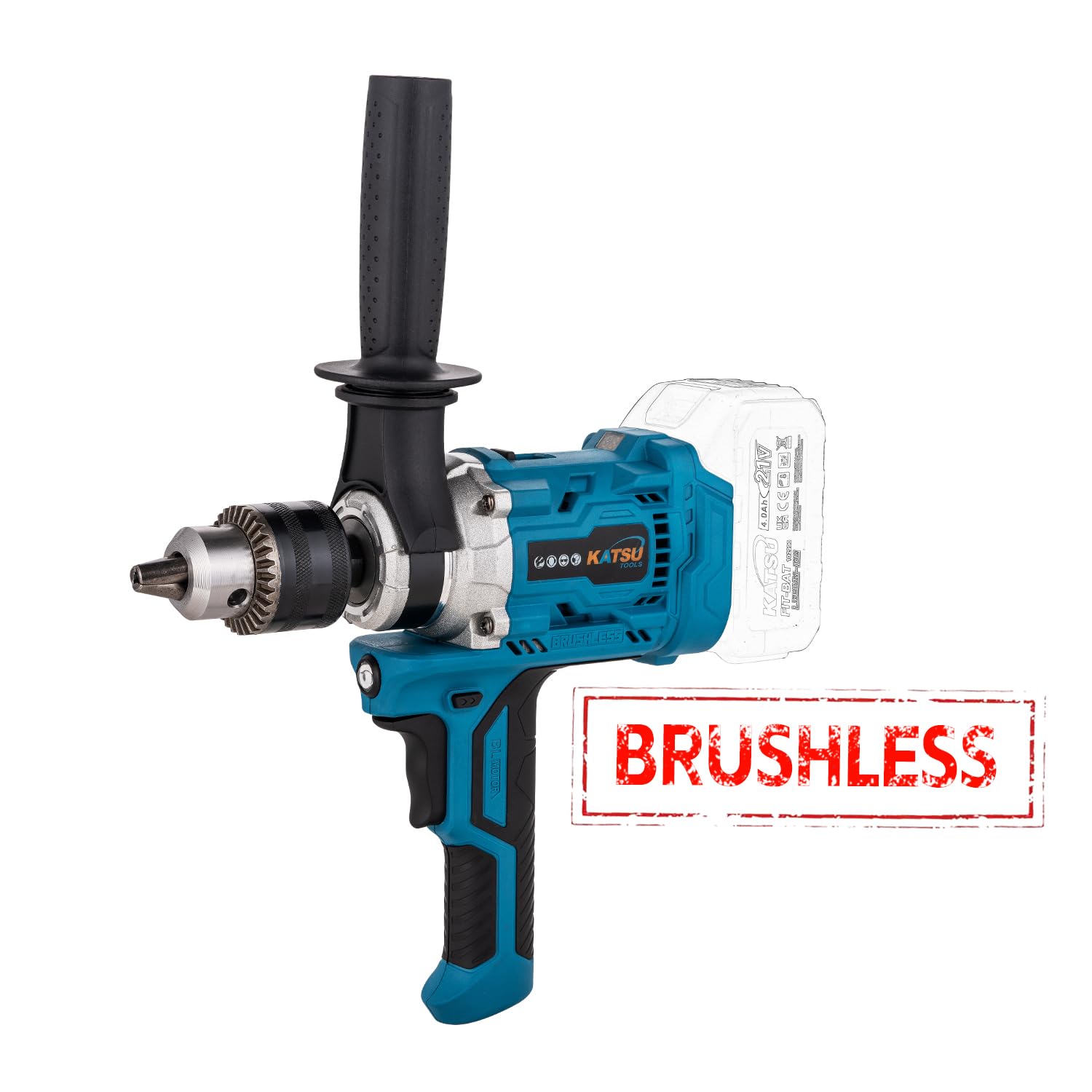 Katsu FIT-BAT - Trapano per miscelazione di malta cementizia senza spazzole senza fili, 21 V, mandrino da 16 mm, velocità continua, cambio a 2 marce, miscelatore portatile per intonaco, trapano a foro