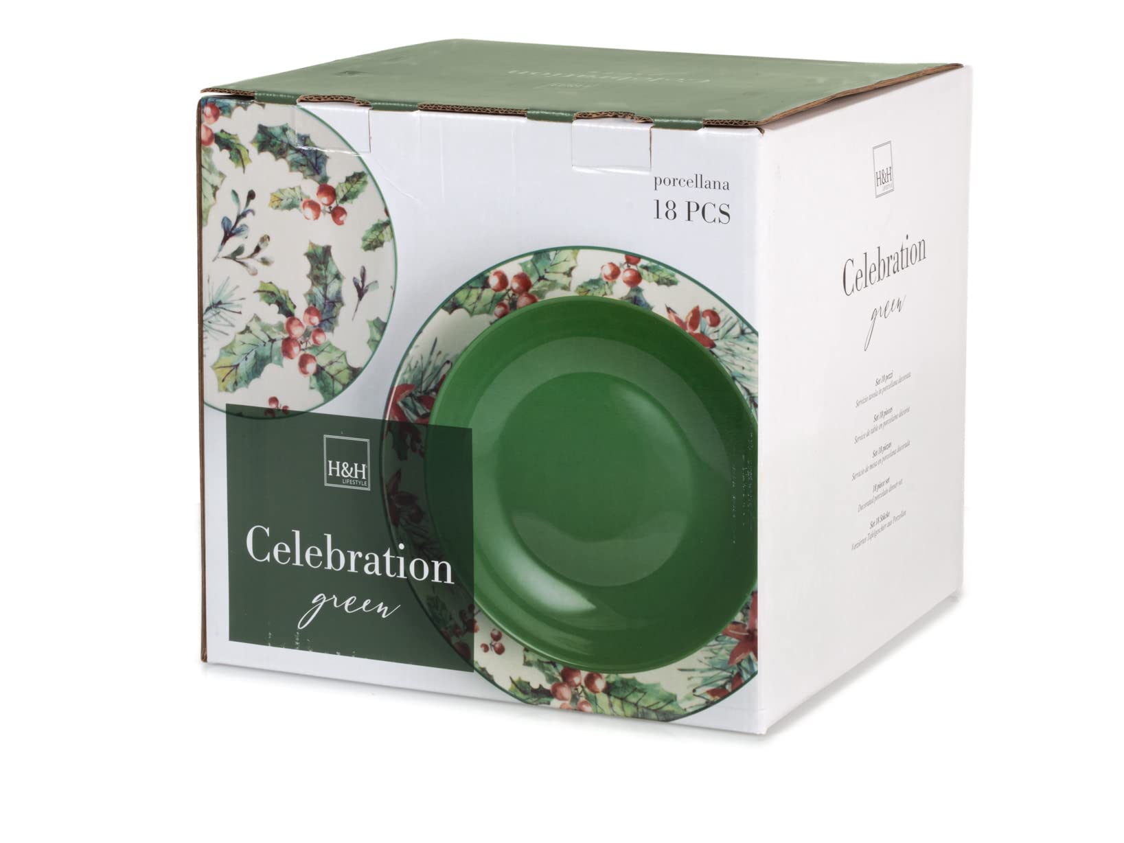 H&H Vaisselle 18 Pièces Celebration en porcelaine décorée Verte