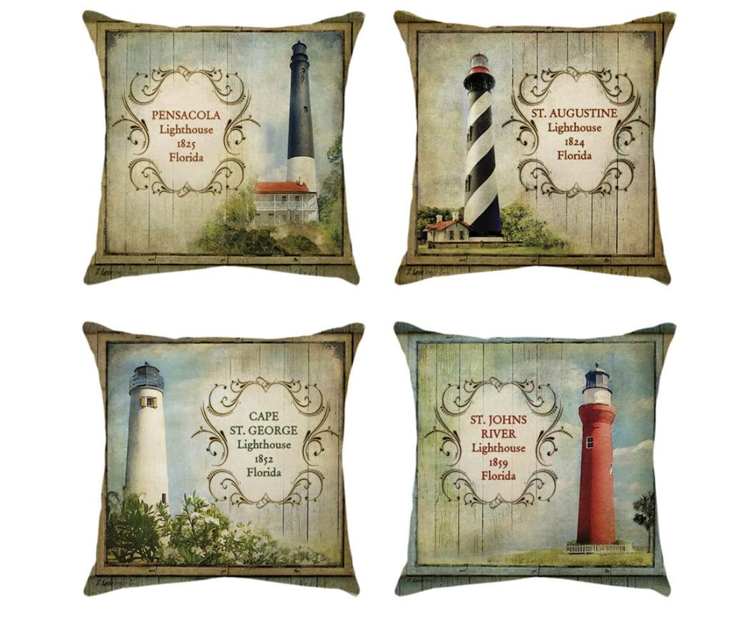 retro lighthouse Cushion Covers Pillow Cases Square Pillowcase with letter Pattern for Sofa Car Indoor Outdoor Decor cushions Couch Living Room Decorative Cushion18x18 Inch Set of 4