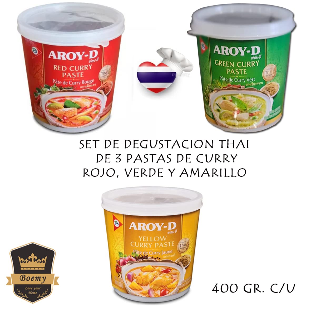 Set de Degustación de Pastas Thailandesas de Curry Rojo, Verde y Amarillo Aroy-D 400gr. C/u -Pastas de Curry - Sabor Thailandes