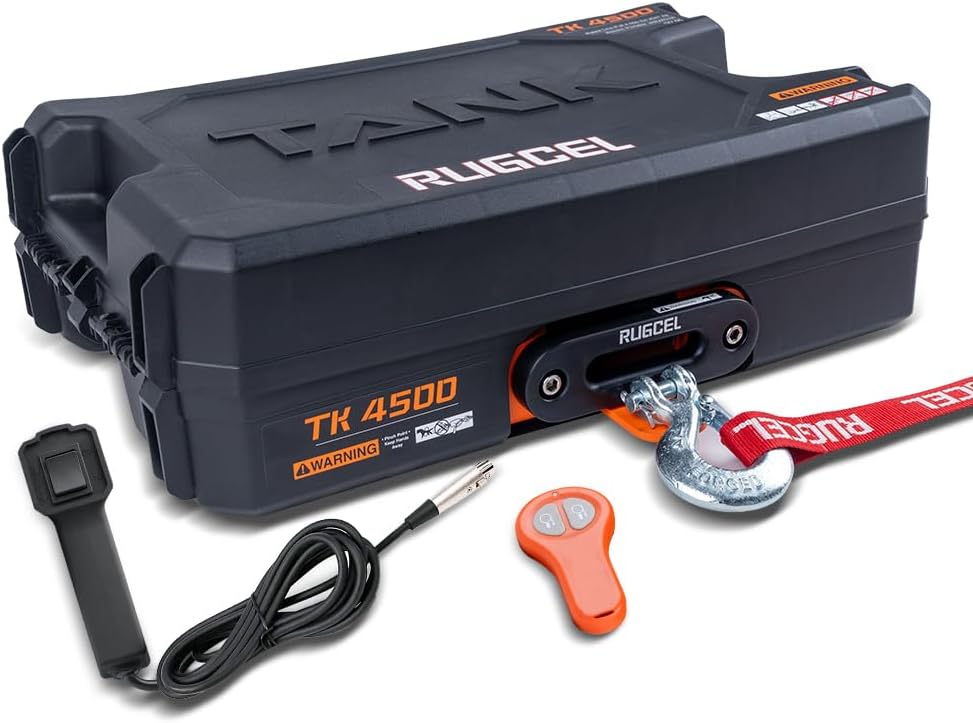RUGCEL WINCH 12V DC Electric Portable Utility Winch 4500lb/2041kg Single Line Pull with Steel Mounting Plate