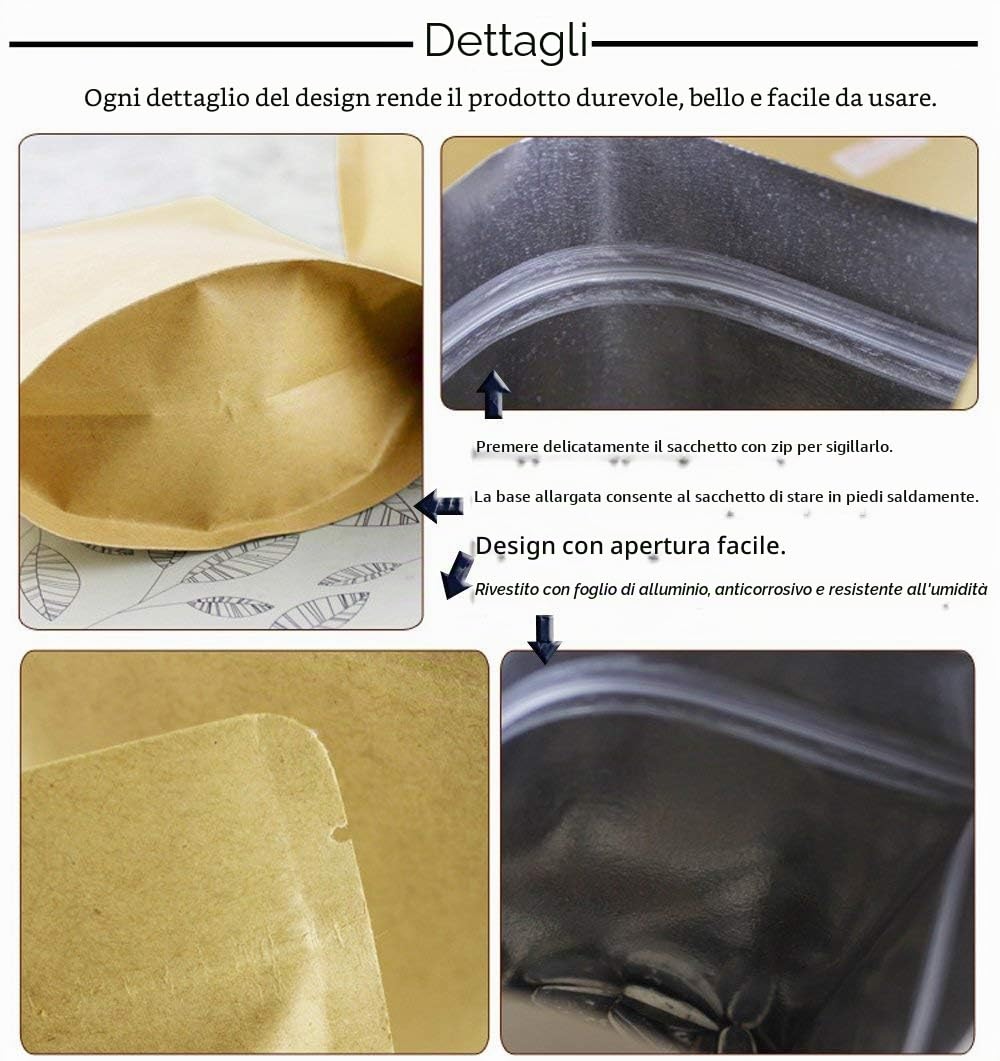 SumDirect 50 Pezzi Sacchetti con Chiusura di Kraft Carta Zip Richiudibili con Foglio di Mylar Rivestito,Buste per Alimenti Imballaggio per Chicco di caffè Foglia, Biscotti, Tee (13 * 18cm)