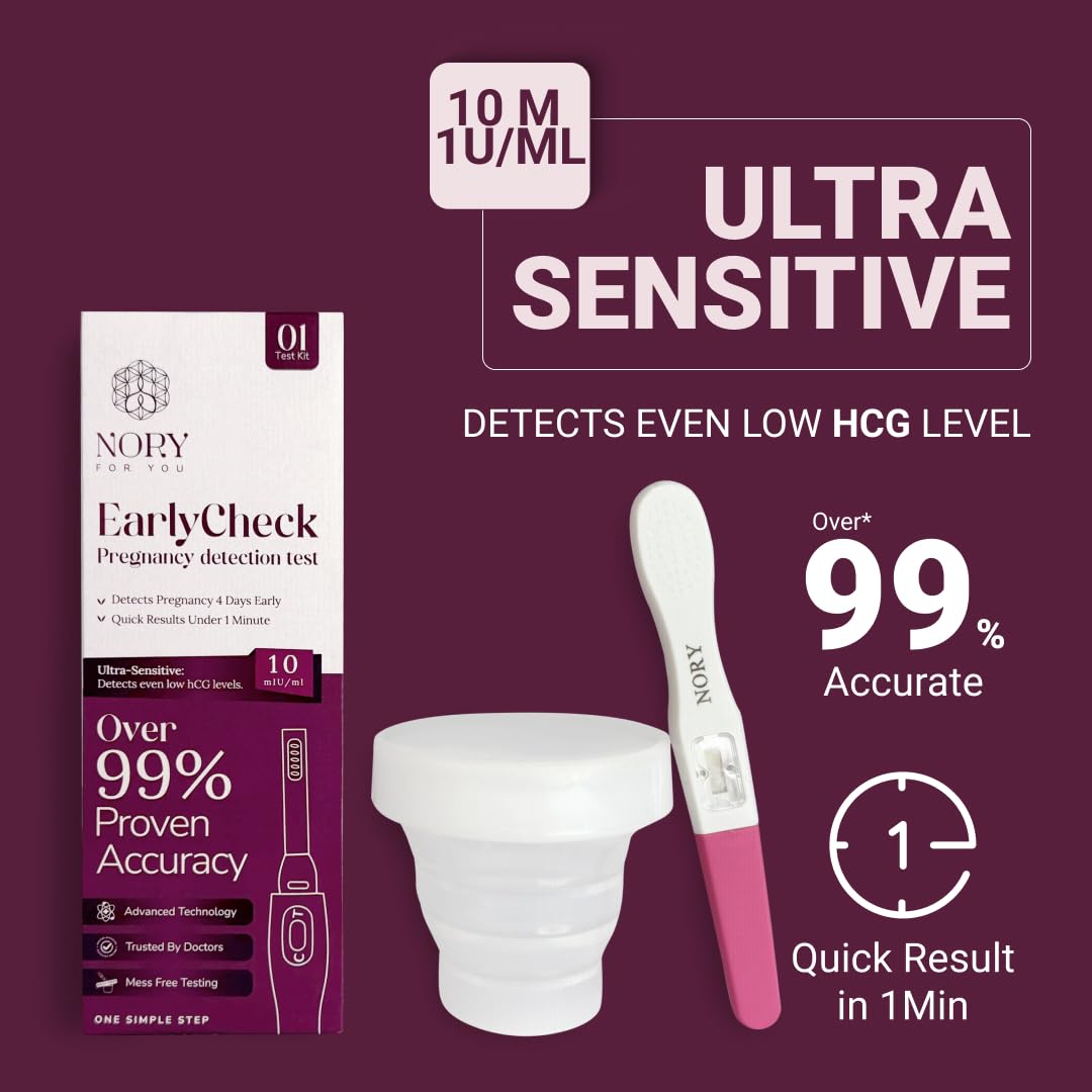 NORY EarlyCheck Pregnancy Test Kit – Over 99% Accurate Pregnancy kit ( Pack of 1 ) with 1 urine container – Ultra-Sensitive Detection at 10 mIU/mL – Results in Under 1 Minute – Detects Pregnancy 4 Days Early - Image 4 thumbnail