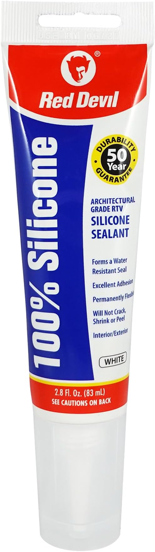 Red Devil 0810 100% Silicone Architectural Grade RTV Sealant, A Water-Resistant Adhesive for Interior and Exterior Use, 2.8 oz. Tube, White, 1-Pack