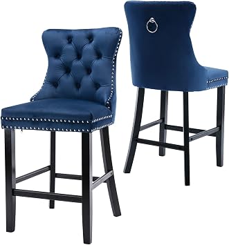 Velvet Bar Chairs Set of 2, 27" Counter Height Bar Stools with Button Decor, Solid Wooden Legs, Blue Modern Upholstered Bar Stools for Kitchen, Pub