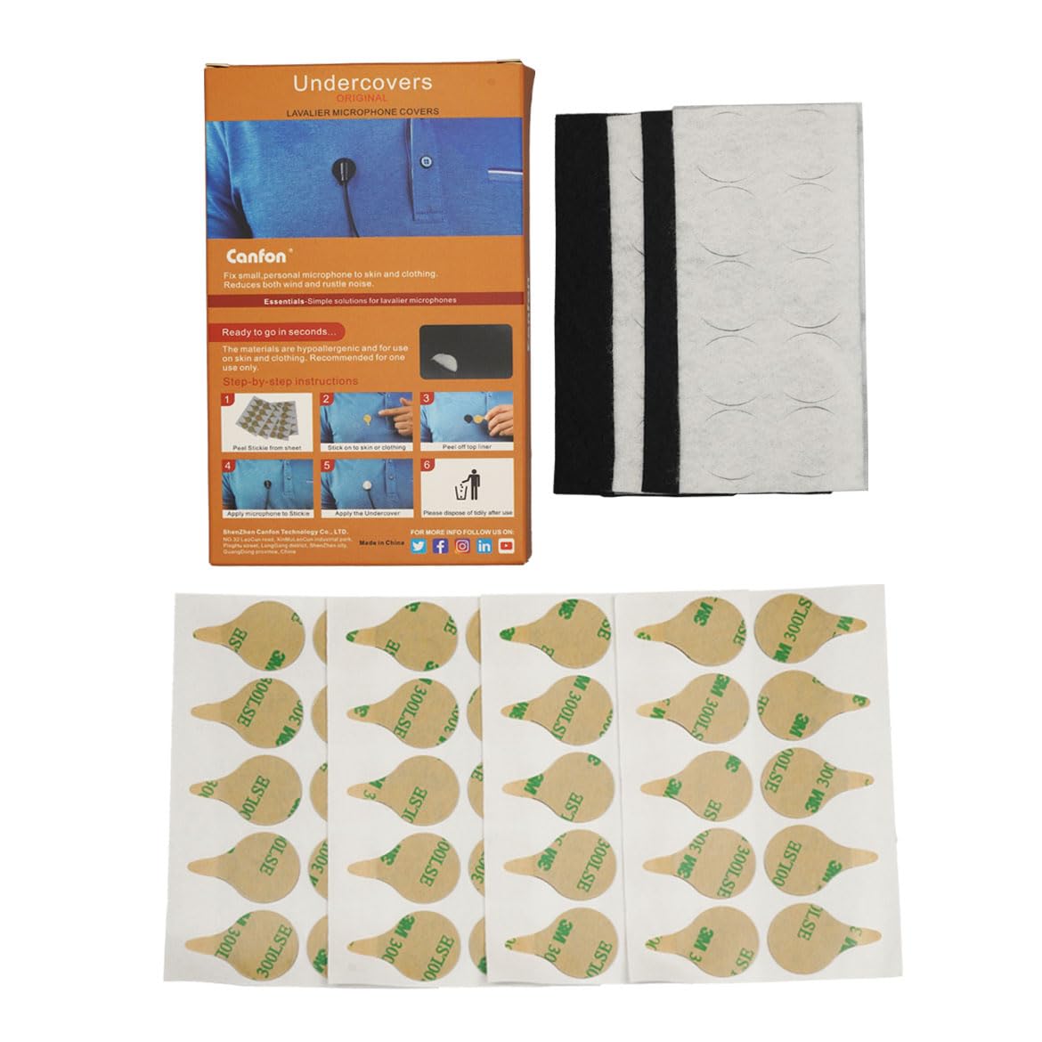 Sticky Circles, No-Residue Mini Windshield Undercovers for Hiding Lavalier Lapel Microphones On Clothes to Reduce Wind Noise, Pack of 40 Sticker, 20 Fabric Circle of Each Black and White