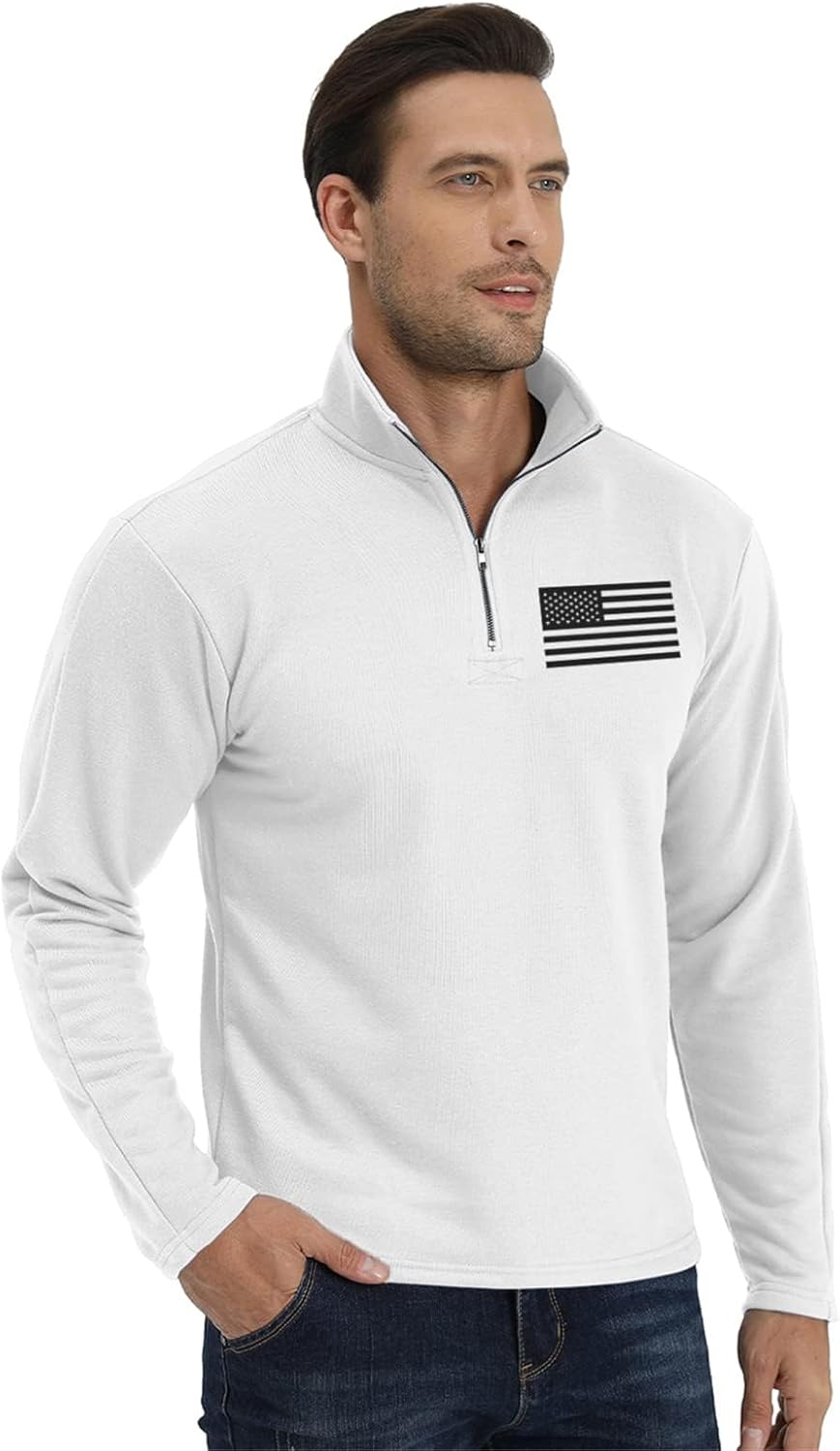 H HYFOL Men's USA Flag Graphic Pocket Pullover American Patriotic 1/4 Zip Stand Collar Long Sleeve Sweatshirts - Image 2