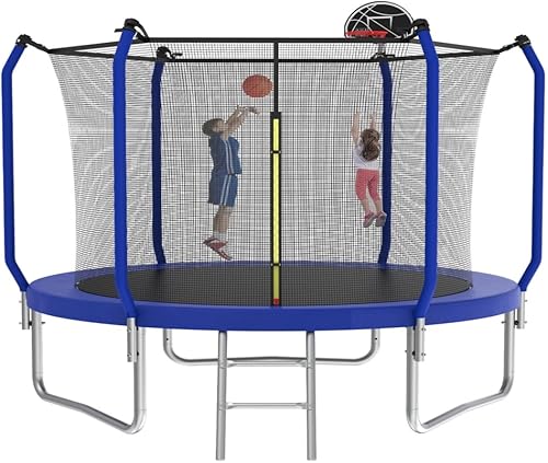EMKK Trampolín de 16 pies, 10 pies y 12 pies con aro de baloncesto, con tobogán y columpios, trampolín al aire libre con red de seguridad y