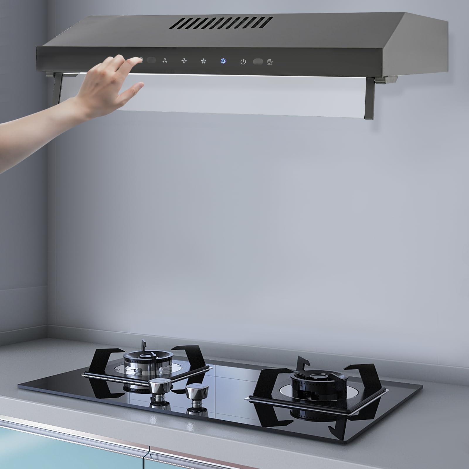 Cappa aspirante in acciaio inox, 60 cm, riciclo e scarico, 3 livelli, controllo touch, 500 m³/h
