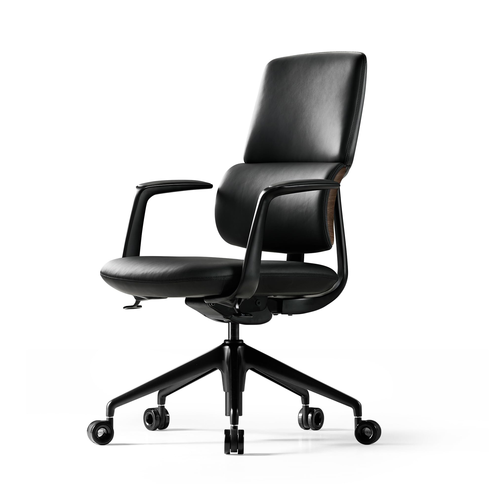 TOMU Genuine Leather Office Desk Chair, Ergonomic Leather Office Chair Mid Back, Upgraded Wood Grain Finish and S Curve Back with Solid Aluminum Frame, Luxury and Mordern