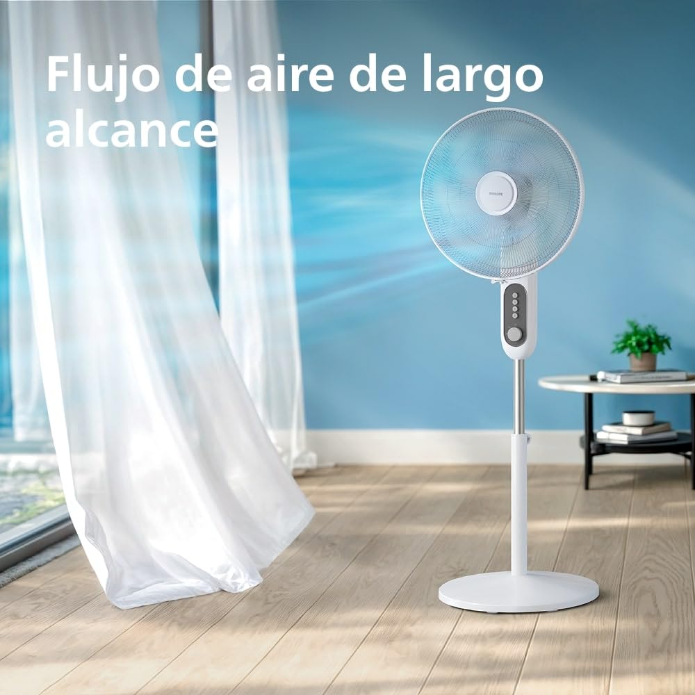 PHILIPS Ventilador de Pedestal Serie 1000 - Potente y Silencioso, 38 dB, Altura Ajustable, Inclinable y Giratorio, Temporizador, Blanco (CX1220/00)