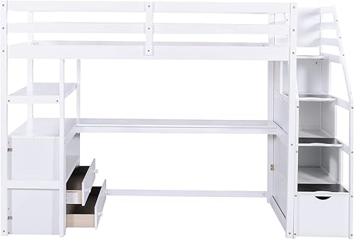 Miniatura 13 de Quarte Cama alta multifuncional, cama alta tamaño matrimonial con escritorio integrado y estantes de almacenamiento, dos cajones y escalera de
