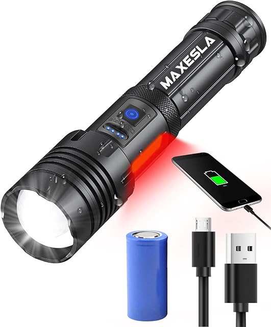 Maxesla 10000LM Torches LED Super Bright Rechargeable, Torches Battery Powered XHP70.2 with COB Side Light, IPX5 Waterproof and 7 Modes Zoomable, Gift for Men Dad Xmas Gift Torch with 3000mAh Battery