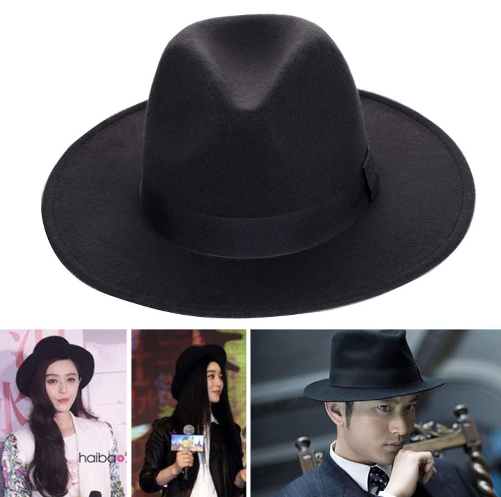 vipolish 1 szt. unisex moda dla dorosłych klasyczna czarna mieszanka wełny Fedora brytyjska czapka jaz duży szeroki daszek płaski kościół Derby Panama czapka nakrycie głowy na wesele przyjęcie talent show i codzienne noszenie