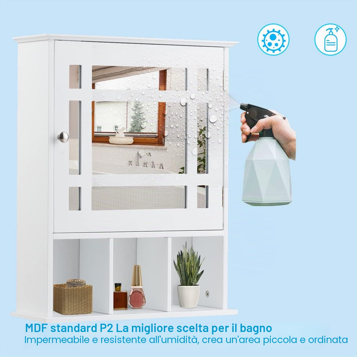 LIFEZEAL Specchio Bagno Contenitore in Legno, 50 x 16 x 61 cm, Armadietto Sospeso Lavabo con HD Specchi, Pensile a 2 Rapiani e 3 Scomparti Portaoggetti Aperti, Mobiletto salvaspazio da Parete, Bianco