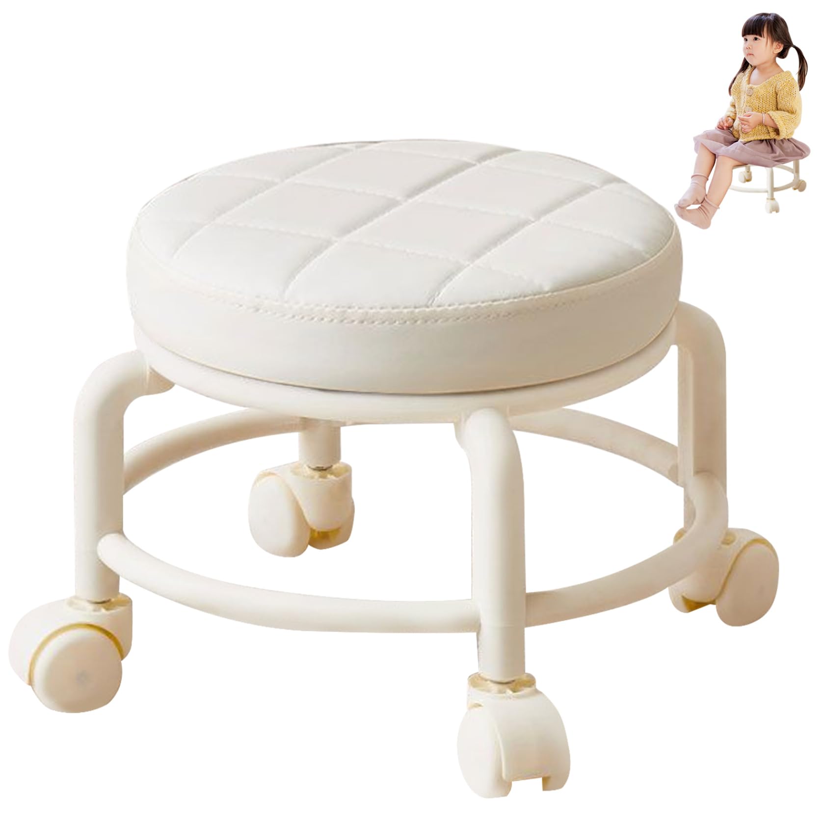 Taburete bajo con Ruedas, taburetes con Ruedas de 10, 2 Pulgadas de Alto, Taburete pequeño con, Silla de pedicura giratoria de 360 ​​° para el hogar, Oficina, Garaje, Tienda, Color Beige