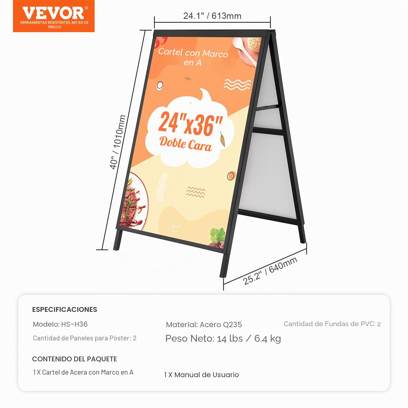 VEOVR Soporte para Carteles en Forma A Expositor Doble Cara 91x61 cm Caballete de Acero para Carteles Plegable y Portátil Tablero Publicitario Impermeable para Bares Restaurantes Exposiciones Exterior