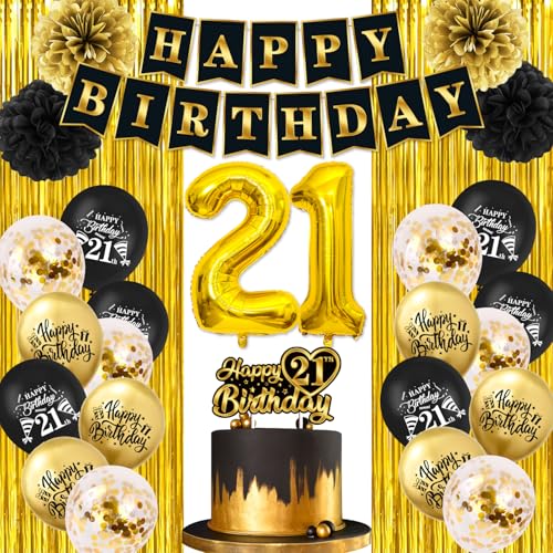 21st Birthday Decorations for Him - Happy 21st Party Kit in Black & Gold with Banner, Fringe Curtains, Balloons, Cake Topper & paoer Pom Poms - 21st Birthday Decor for Men & Women