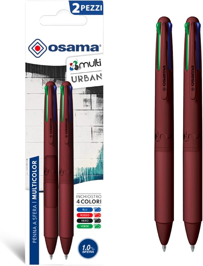 OSAMA 4 Multi Urban Buntstifte, 4 Farben, 2 Stück, Kugelschreiber, mehrfarbig, 1,0 mm, mit Schwarz, Blau, Rot und Grün, für Schreibwaren Schule, Büro, Universität und Schreibwaren