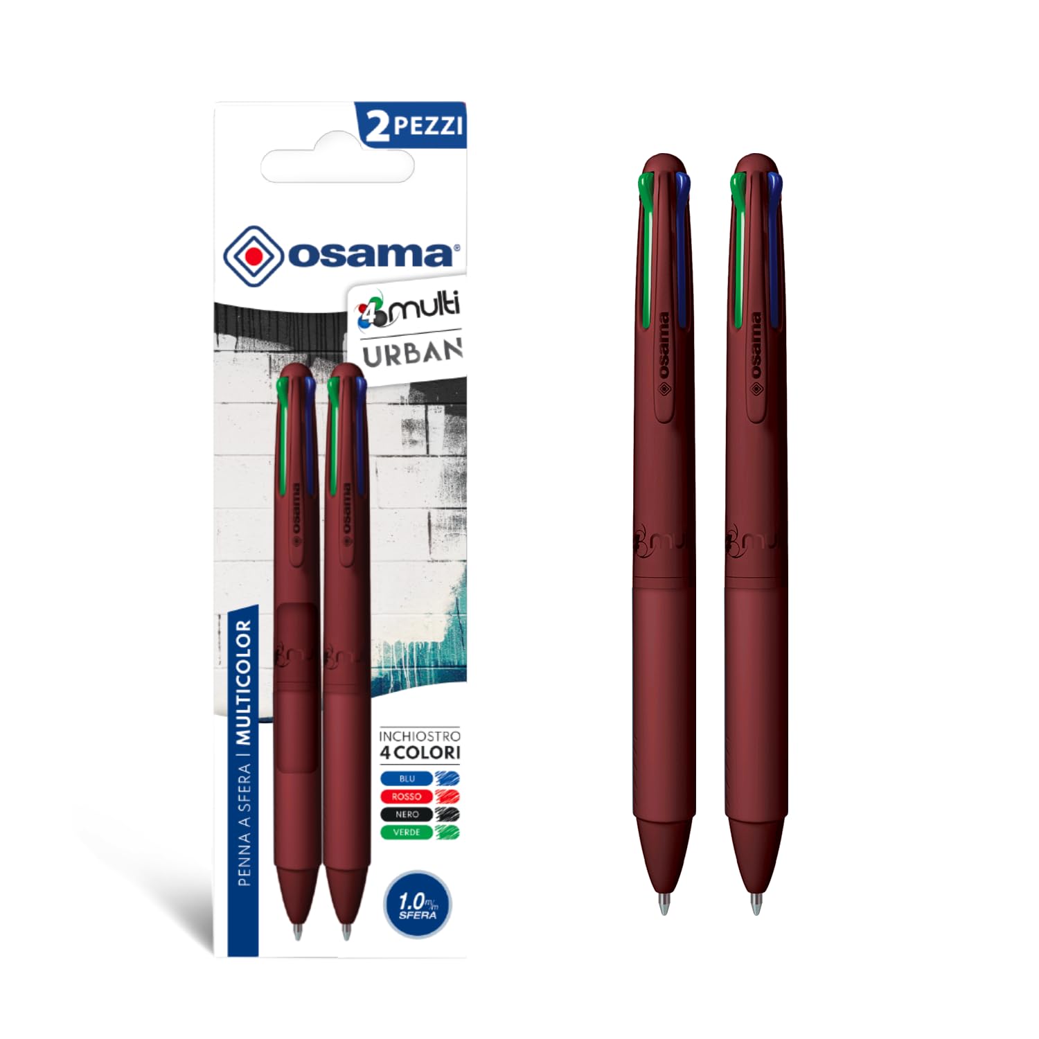 OSAMA 4 Multi Urban – Juego de bolígrafos de colores de 4 colores, 2 unidades – Bolígrafo multicolor de esfera de 1,0 mm con tinta negra, azul, roja y verde para papelería escolar, oficina,