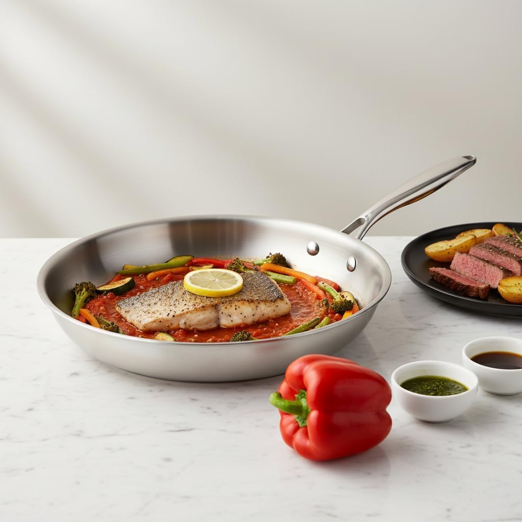 Santa Clara | Juego de Sartenes Acero Inoxidable 18/10 Trifusión 20-26-30 cm, Set de 3 Piezas Sin Revestimiento, Apta para Inducción, Horno, Gas y Vitro, Cocina Saludable y Libre de Tóxicos