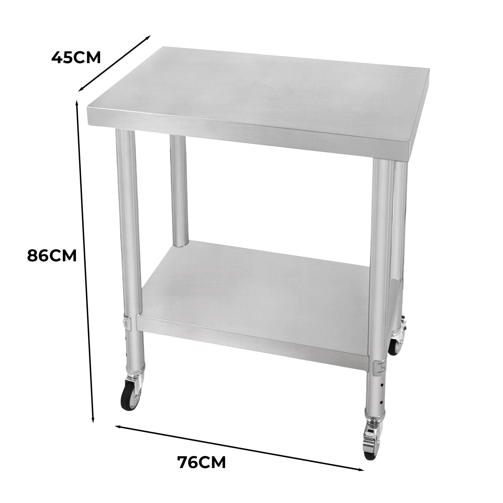 Gastro Edelstahl Arbeitstisch Vorbereitungstisch Küchentisch Zerlegetisch Flexibel Mobil 4 Rollen 2 Bremsen 4 anpassbaren Füßen Verstellbares unteres Regal 3 Positionen 160kg Kapazität 76 x 45 x 86cm