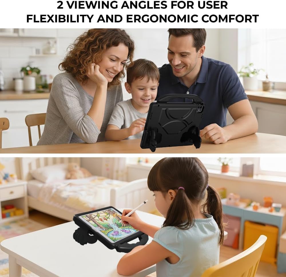 Kids Case for iPad Pro 13 2025 2024/Air 13 M3 M2, iPad Pro 12.9 2018-2022 Cover, AMZER Lightweight Shockproof EVA Foam Handle Stand Anti-Slip Grip Rugged Case, Black
