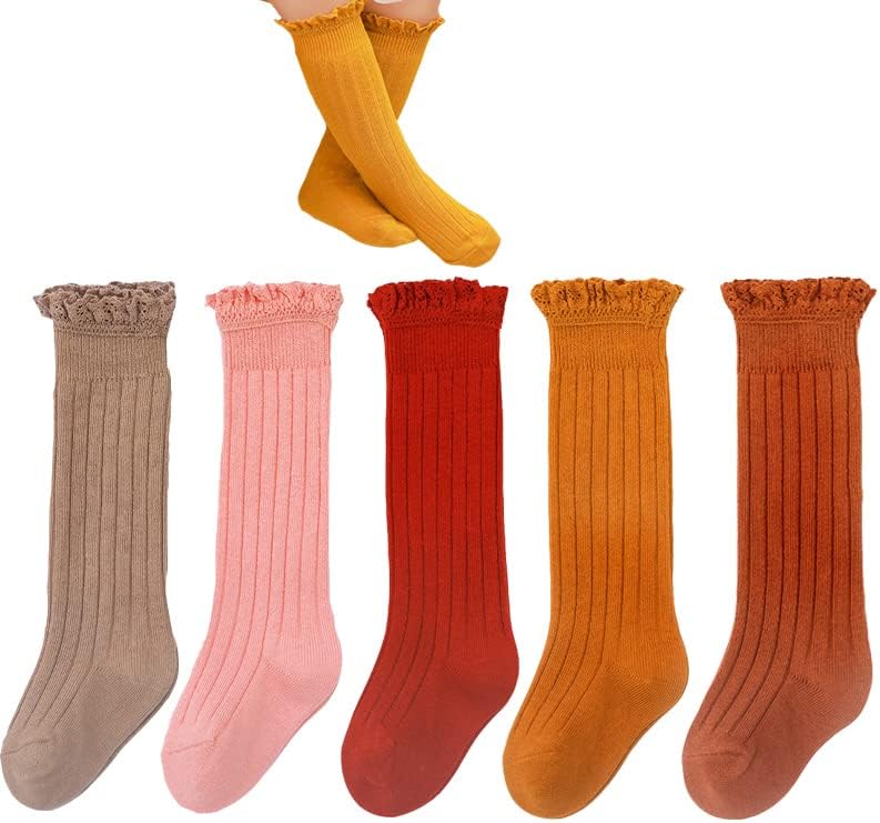 Baby Knee High Socks Toddler Girls Tube Ruffled Top Lace Thick Cable Knit Uniform Long Stockings