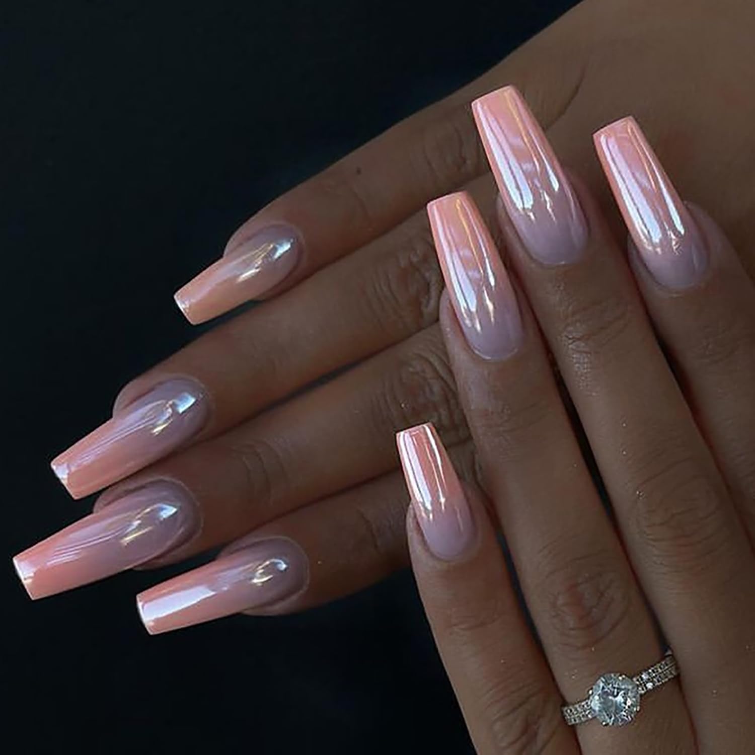 TBRZTR Press on Nails Long Length Pink Plating False Nails Gradient Design Full Cover Coffin Nails Artificial Stick on Nails Square Acrylic Nails