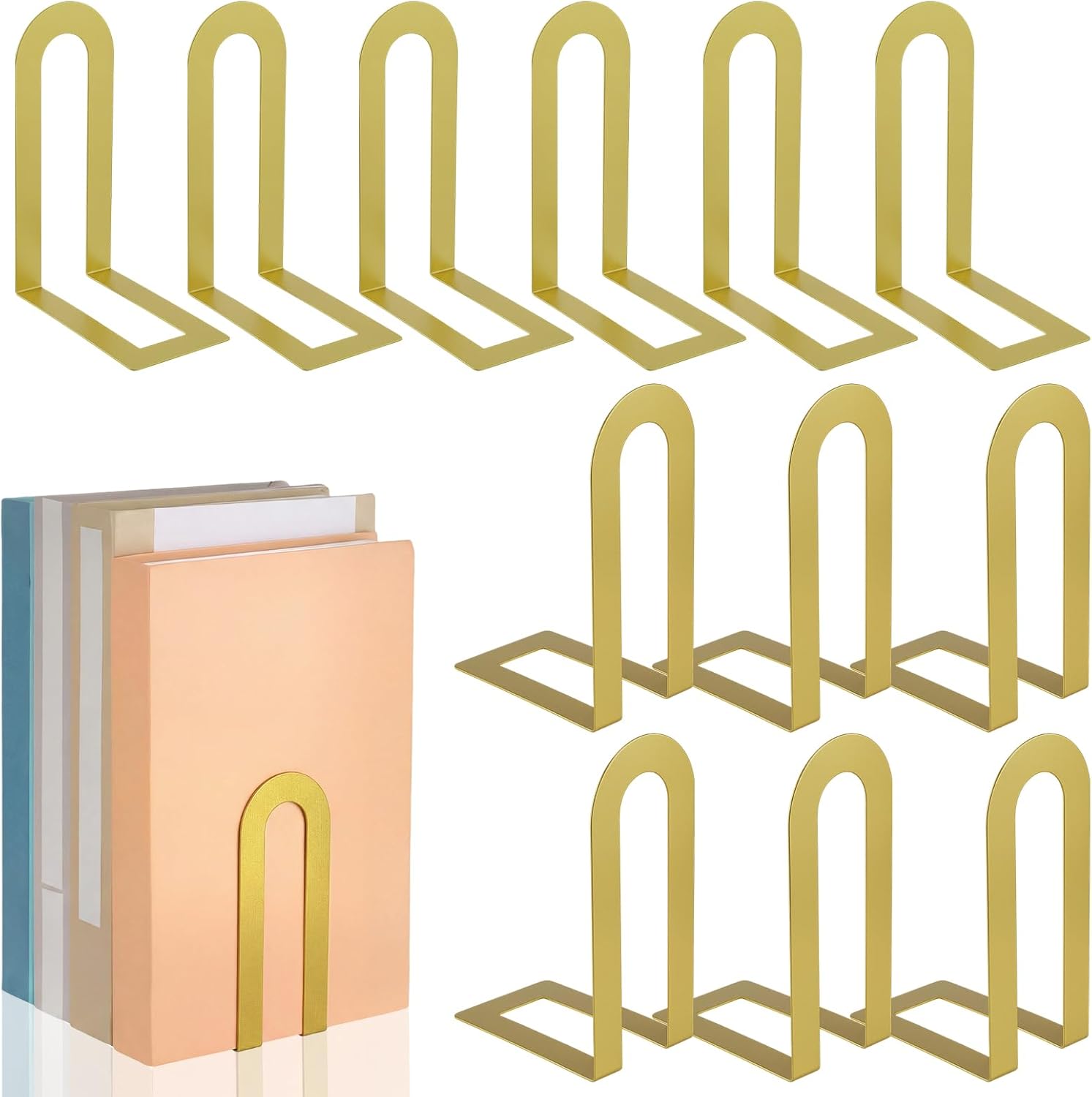 Chunful 12 Pcs Modern Metal Book Ends for Shelves Decorative Small Bookends Book Shelf Organizer Minimalist Design Stopper to Hold Books for Home Office (Gold,5.5 * 3.75 * 2.25inch)