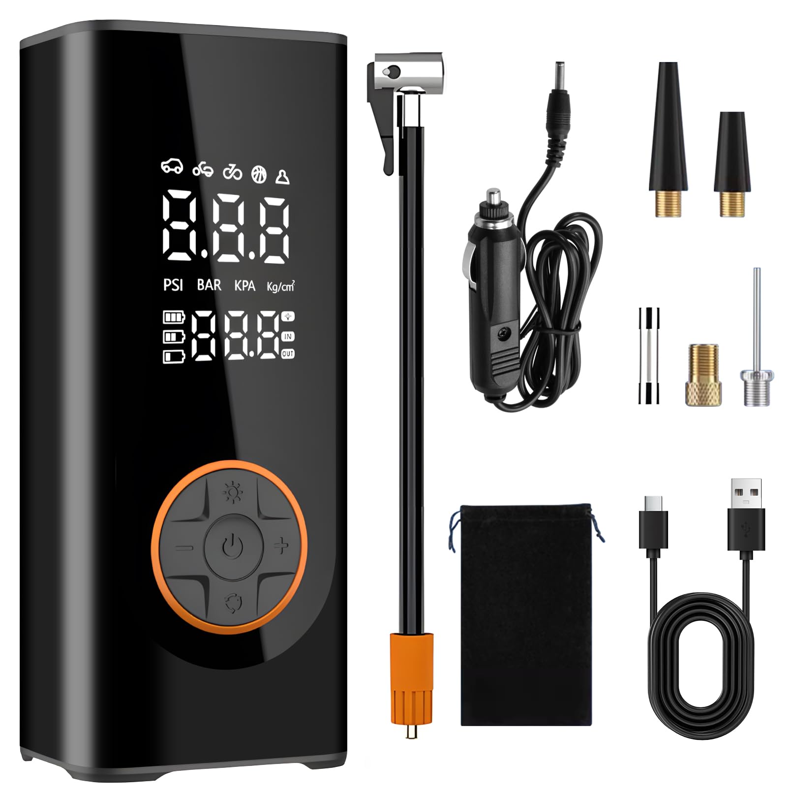 compressore d'Aria Portatile Auto Pompa per Pneumatici, 6000mAh con Cavo/Cordless Doppia Alimentazione 150PSI Pneumatici gonfiatore Display Digitale Pompa per Pneumatici