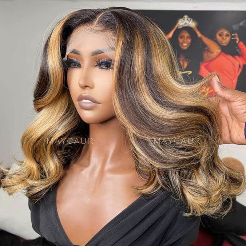 Maycaur Brown Blonde Mixed Color Wavy Hair Full Lace Human Hair Wigs Body Wave Lace Front Wigs With Natural Baby Hair 150 Density(18Inch, lace front wig)