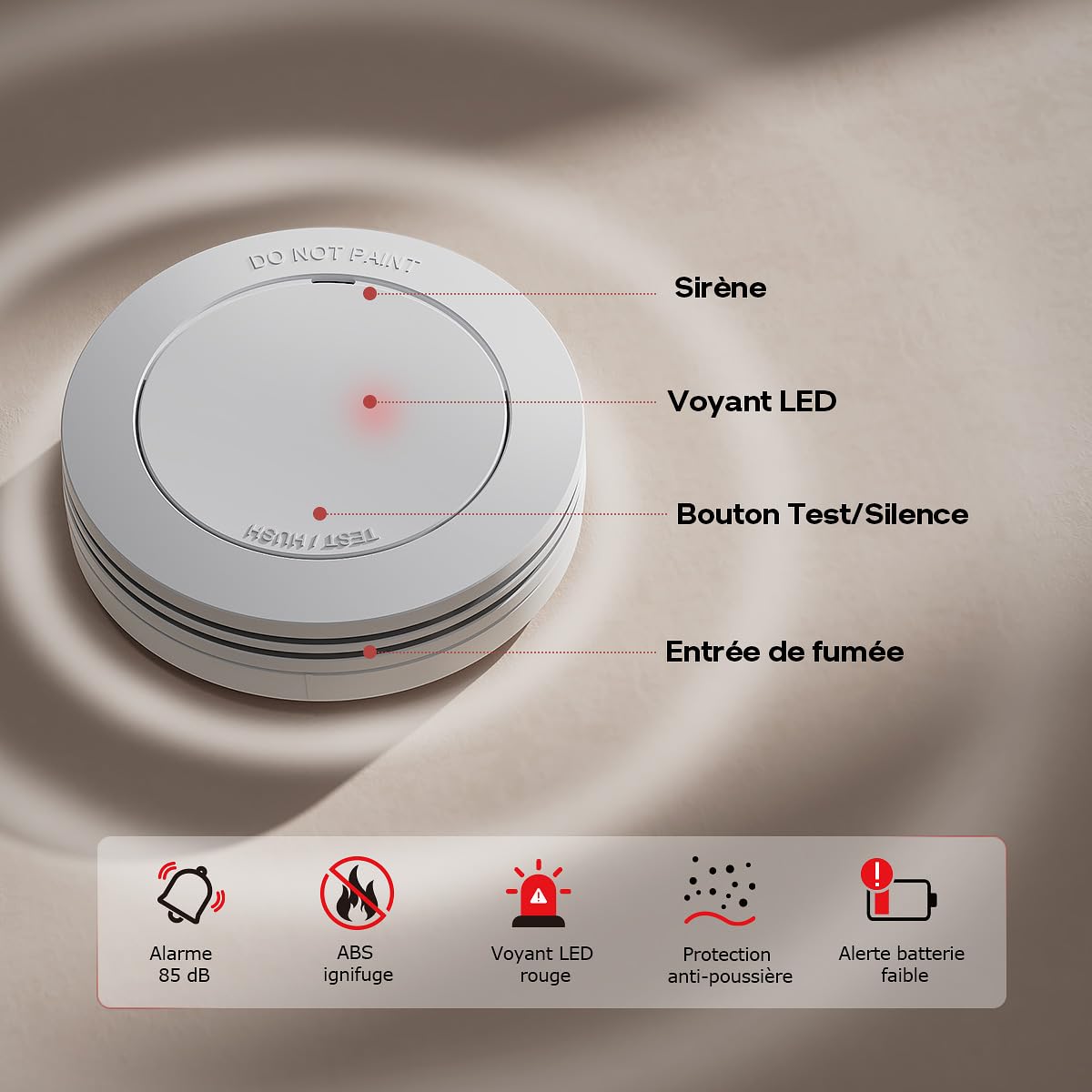 Safeliveo Détecteur de fumée Autonome,Batterie 10 Ans,Alarme 85 DB, Ultra-Fin, sans LED Clignotante,Fonction silencieuse, avec tampons adhésifs,2 Pièces