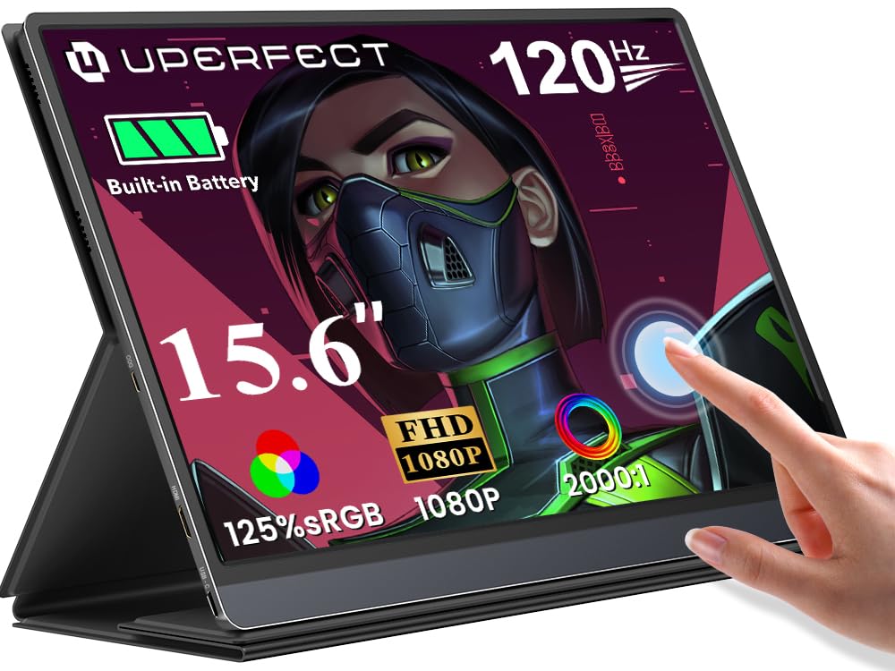 UPERFECT Monitor Portatil Táctil con 10800mAh Batería 15,6" 1080P 120Hz | 125% sRGB 2000:1 400Nits USB C Display Móvil Externa con Mini HDMI/USB-C para Laptop/PC/Teléfono/Game Console