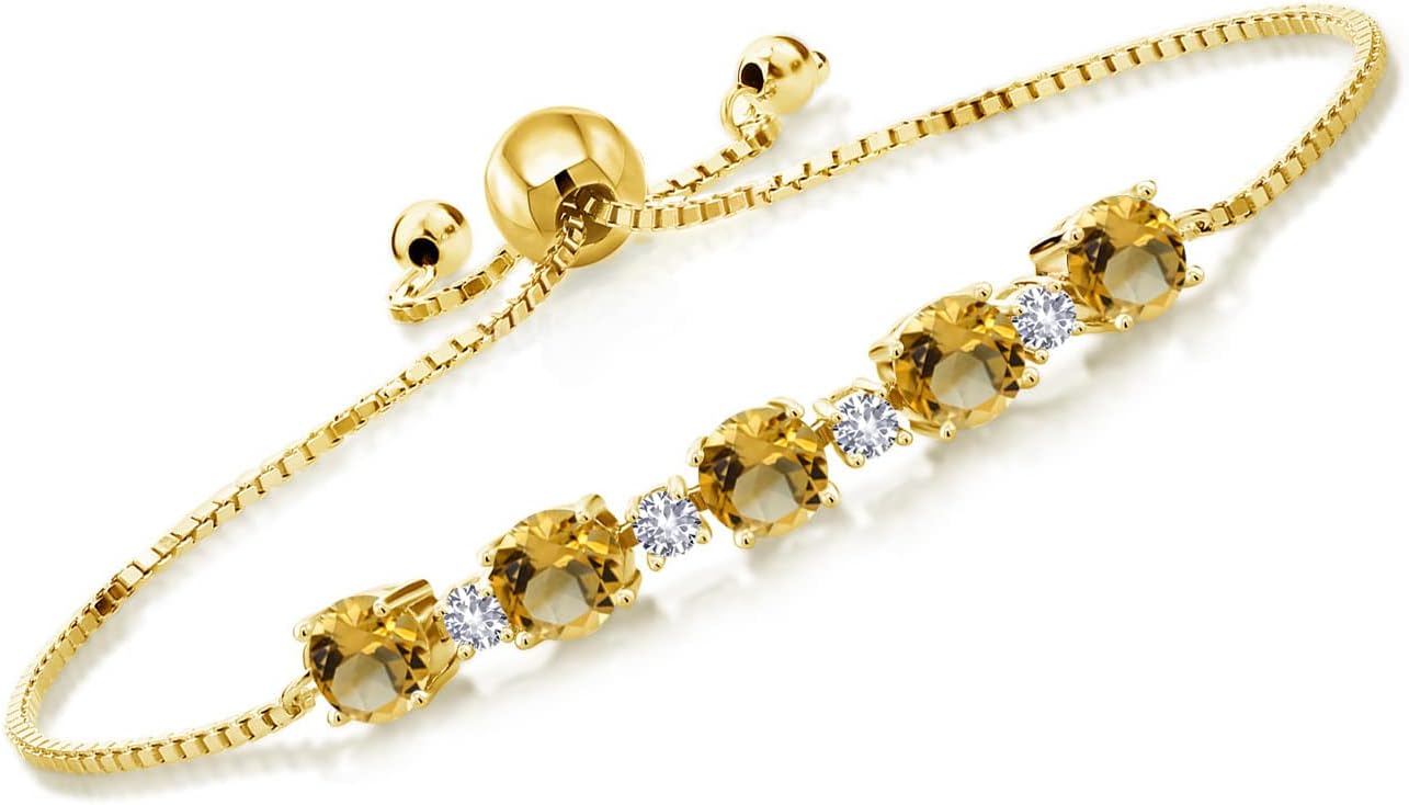 Gemstone Birthstone and White Created Sapphire Tennis Bracelet for Women | 18K Yellow Gold Plated Silver | Round 5MM & 2.5MM | Adjustable Bolo Design | Easy-On Easy-Off | Fully Adjustable Up to 9 Inch