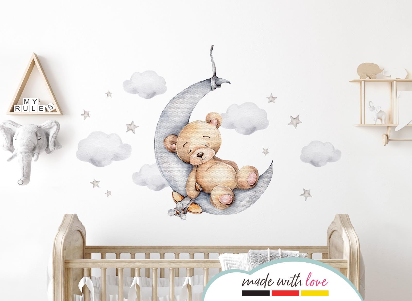 Little Deco Tatuaż ścienny niedźwiedź na księżycu naklejka ścienna do pokoju dziecięcego miś z gwiazdami dekoracja pokoju dziecięcego DL831-4