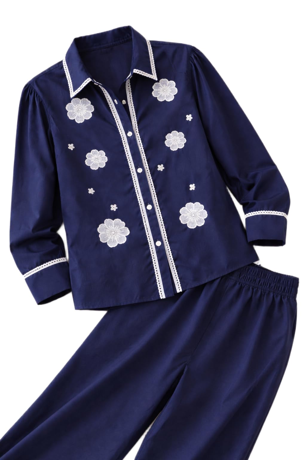 wavyn Women'S Navy Blue Floral Patch Work Co-Ord Set With Balloon Sleeve, Relaxed Fit, Poplin, Button Down Top And Tailored Trouser-picture-12