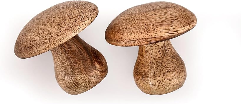 Statues Mushroom Figurines – Set of 2 – Handcrafted Wooden Sculptures for Home Décor, Farmhouse Accent, Table Display (4 X 4 X 4)
