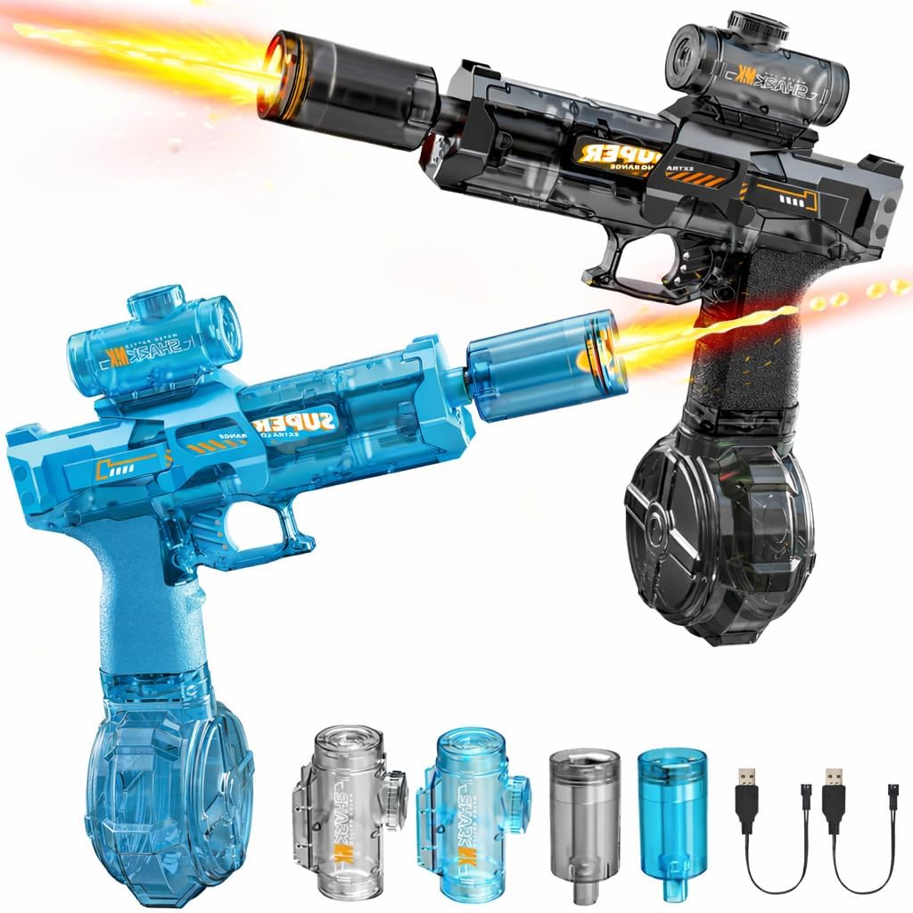 2 Packs Electric Water Gun Fire Flash Upgraded, Water Pistol Toy Squirt Gun for Kids Adults(320 Capacity Each), Summer Outdoor Toy Yard Beach Swimming Water Play Toys (Black&Blue)