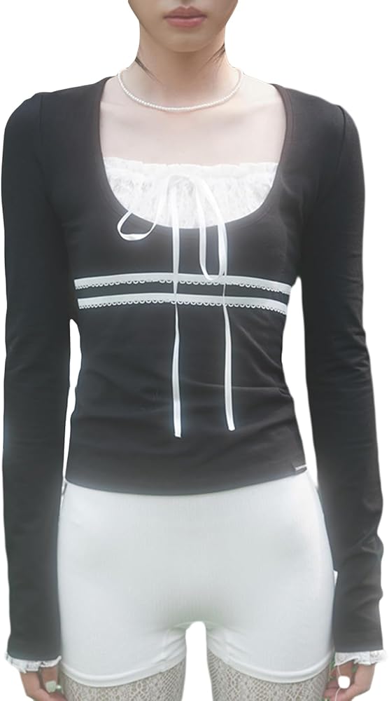 Women Long Sleeve Ribbon Bow T-Shirts Tie-Up Frill Lace Patchwork