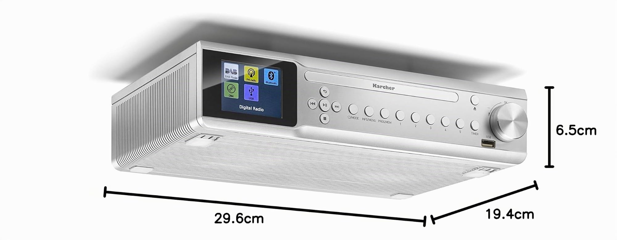 Karcher - RA 2060D-S - Radio encastrable avec Lecteur CD, Dab+/FM (30 Stations mémorisées), USB pour Lecteur MP3 & Bluetooth, réveil (Double Alarme), minuteur de Compte à rebours, télécommande