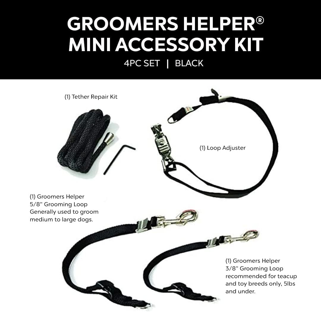 Groomers Helper® Mini Accessory Kit - 2 Grooming Loops, Tether Repair Kit & Loop Adjuster Pet Grooming Tools (Black)