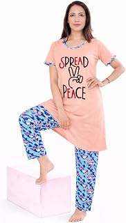 MALAQ Women's Night Suit – Casual Wear Round Neck Printed Long T-Shirt (Above Knee Length) & Pyjama Set with Side Cut Two ... Price In India