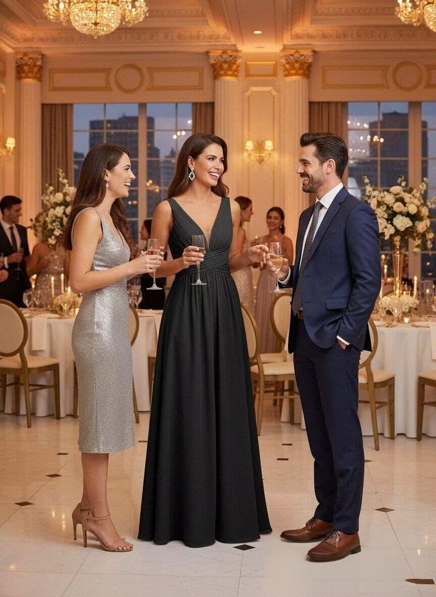 Chiffon Bridesmaid Dresses for Women V Neck Long Formal Wedding Guest Dresses with Slit