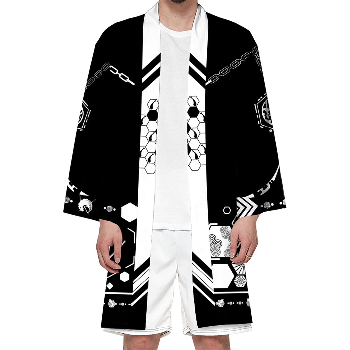 Seidarise Men's Haori, Long Kimono Cardigan Jacket Japanese Style Flying Crane Seven Sleeves Open Front Coat