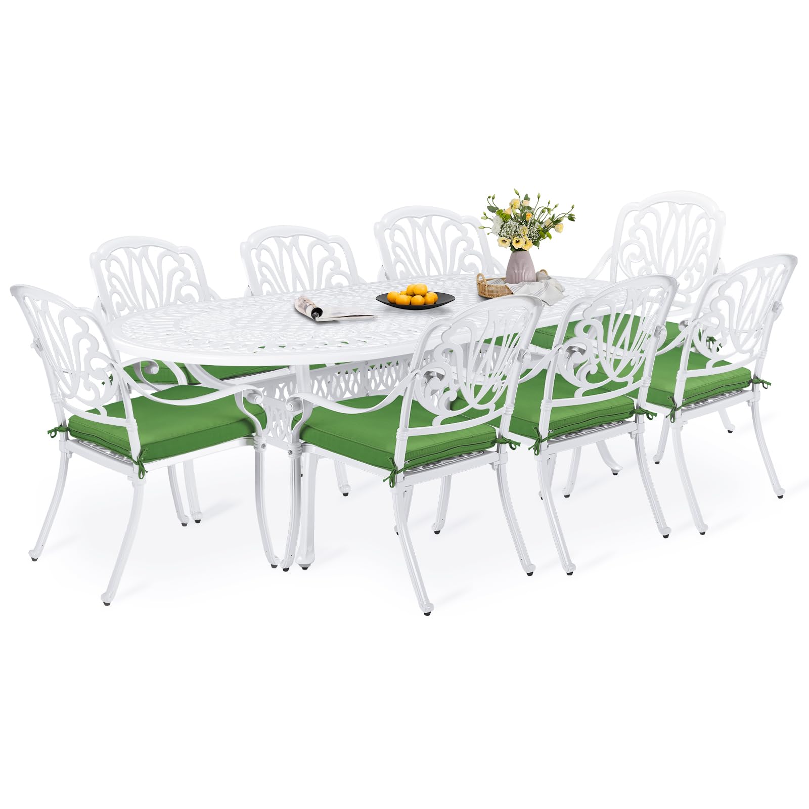 W WARMHOL 9-Piece Patio Dining Set, Outdoor Patio Table and Chair Set of 84” Oval Cast Aluminum Dining Table with Umbrella Hole and 8 Outdoor Dining Cushion Chairs, Patio Funiture Set