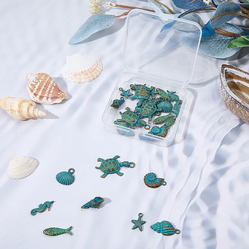 SUNNYCLUE 1 Box 32Pcs 8 Styles Conch Shell Charm Seahorse Charms Bulk Metal Antique Bronze Turquoise Ocean Animal Starfish Fish Sea Turtle Pendants for Jewelry Making Necklace Bracelet Earring Crafts - Image 6