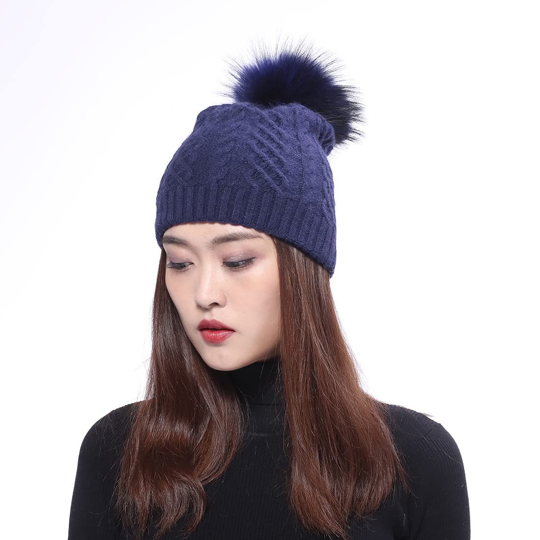 BeFur Bonnet tricoté pour femme d'hiver doux et élastique avec pompon renard, Blanc., Taille unique